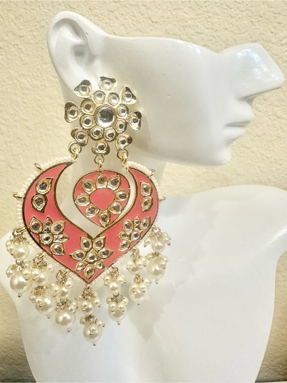 4.25” Gold Plated Pink Enamel Kundan Pearl Chandbali Earrings